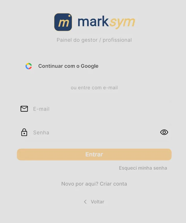 Tela de entrada do painel do gestor, com botão Continuar com o Google, campos de e-mail e senha e o link Criar conta.