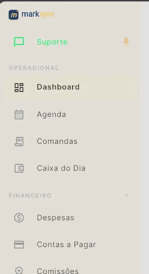 Menu lateral do painel do gestor com o alfinete de fixar no topo e os itens do grupo Operacional.